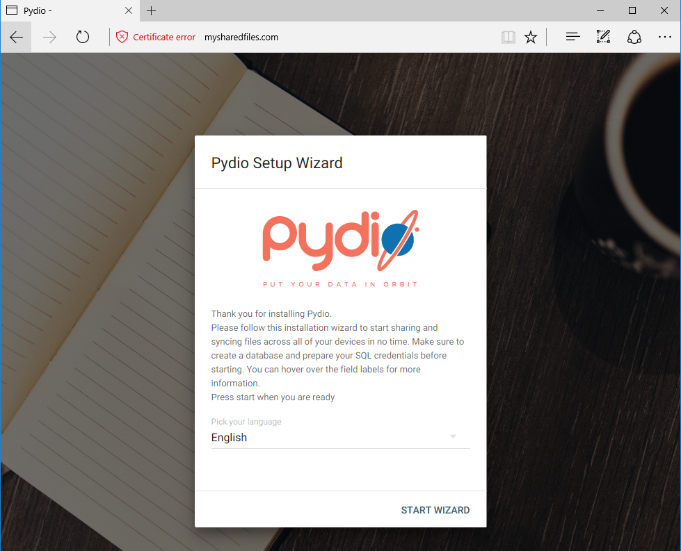 Pydio setup wizard