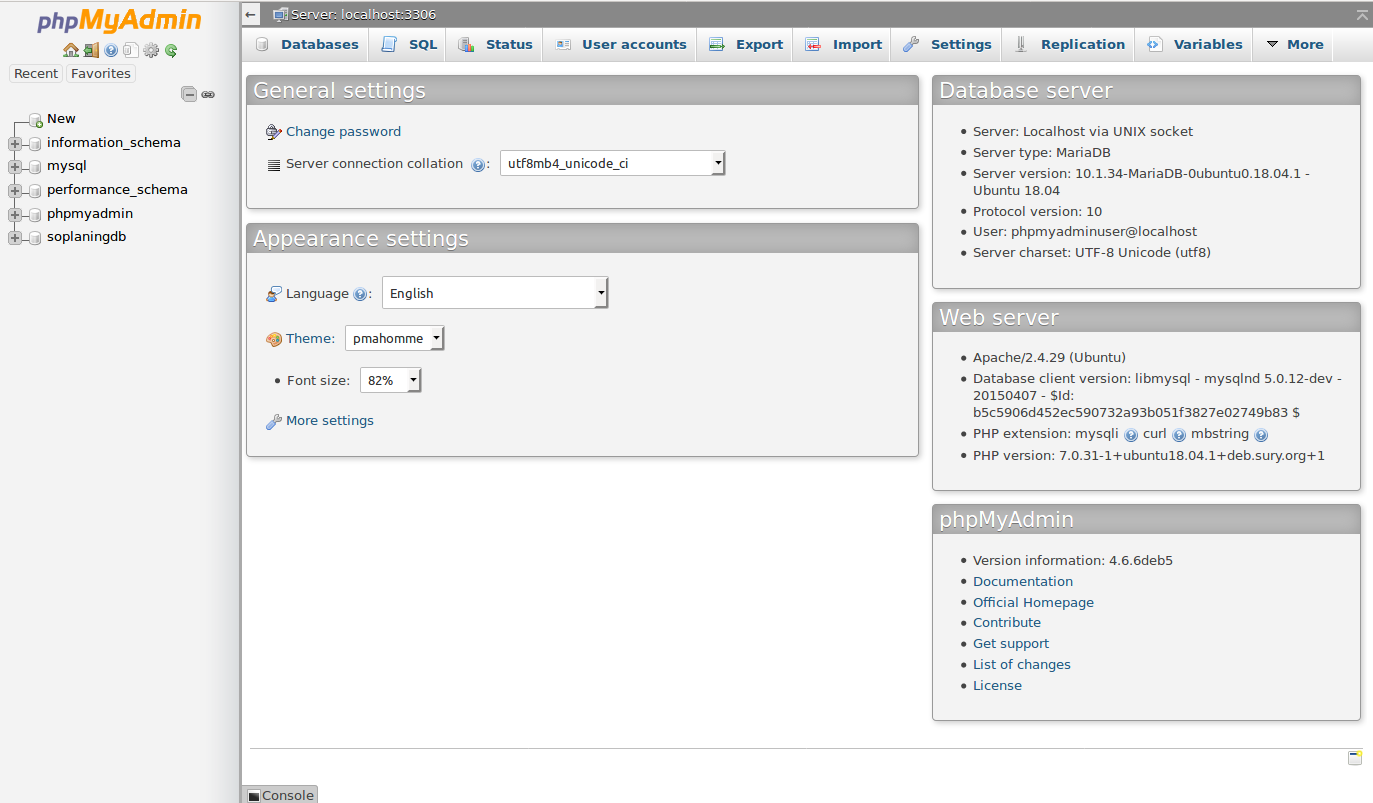 phpMyAdmin dashboard