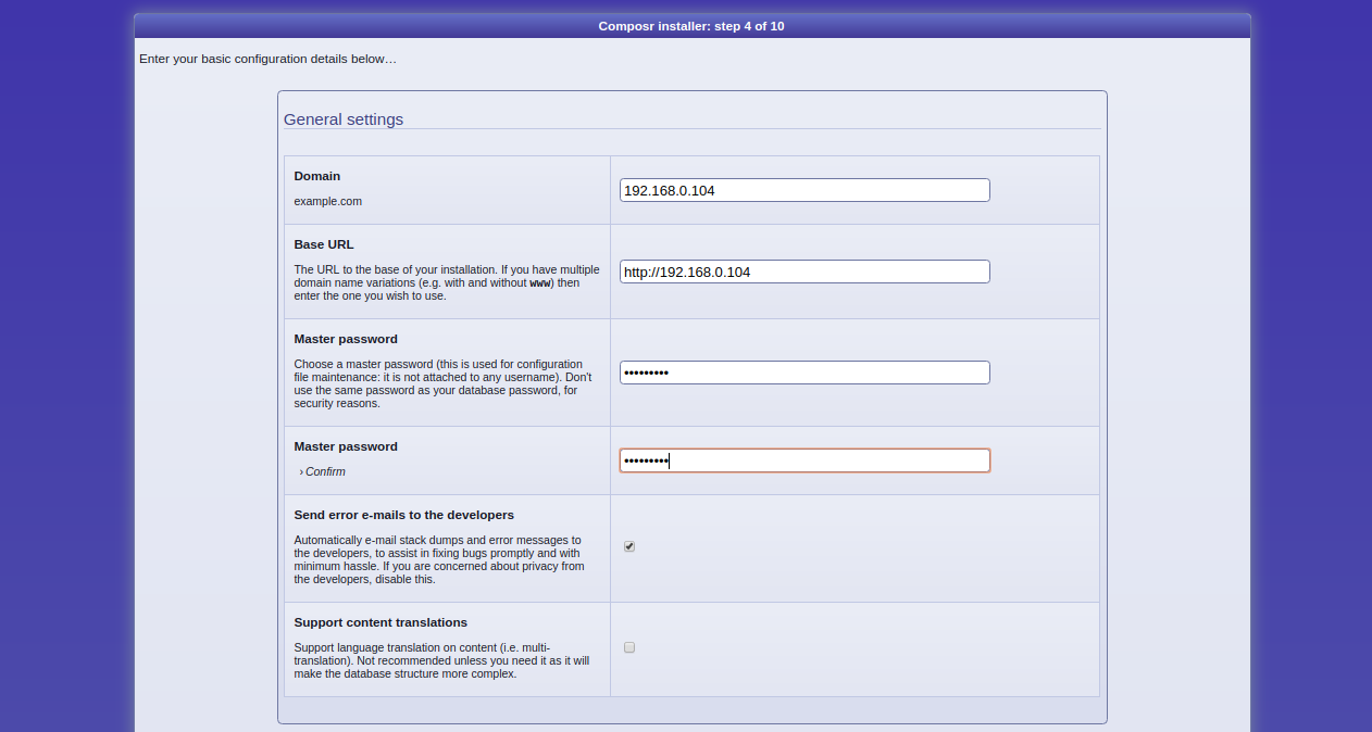 Enter database details