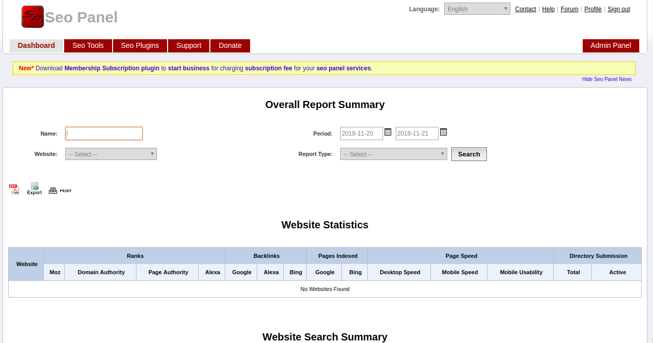 Seopanel dashboard