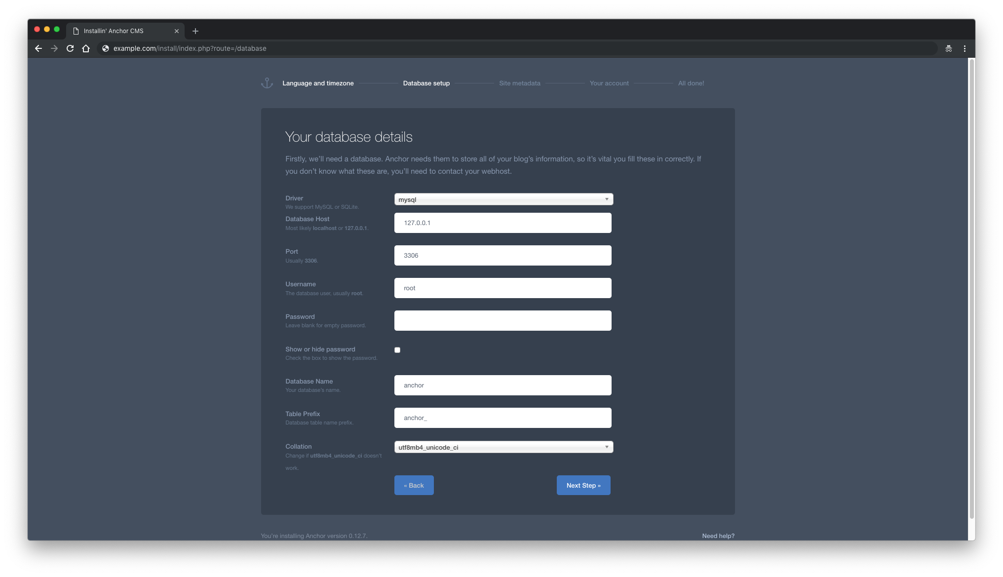 Database settings