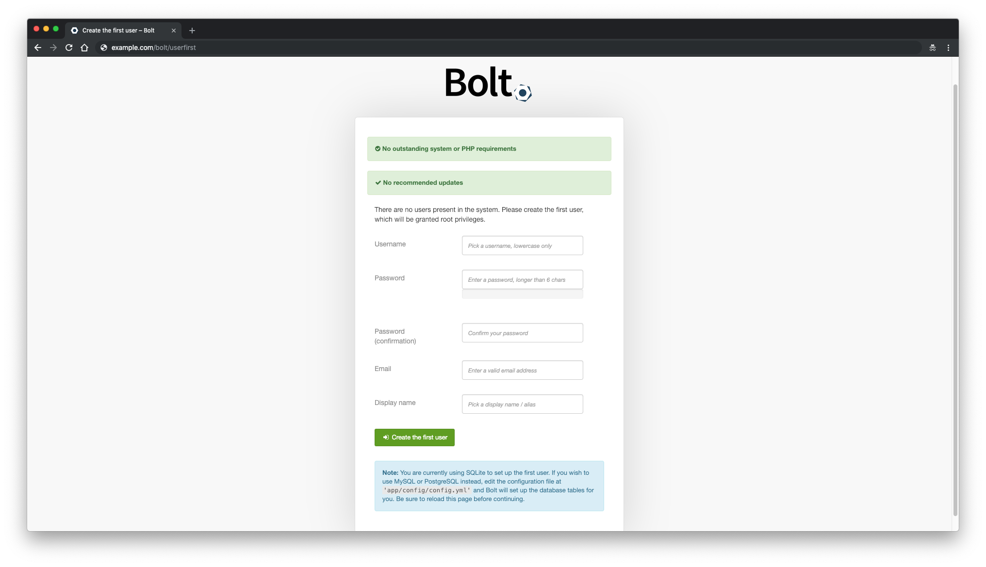 Bolt CMS setup wizard