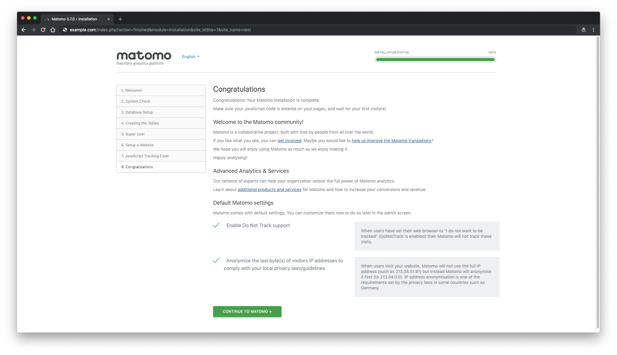 Matomo installation completed