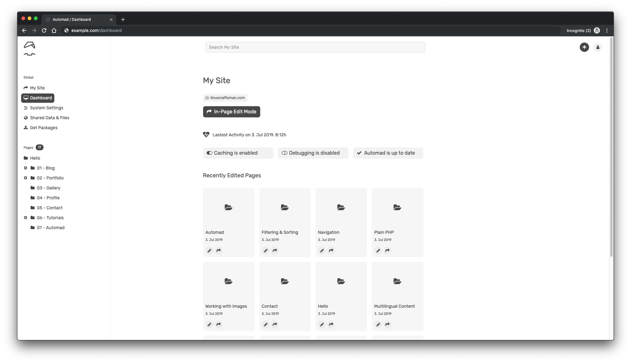 Automad admin dashboard