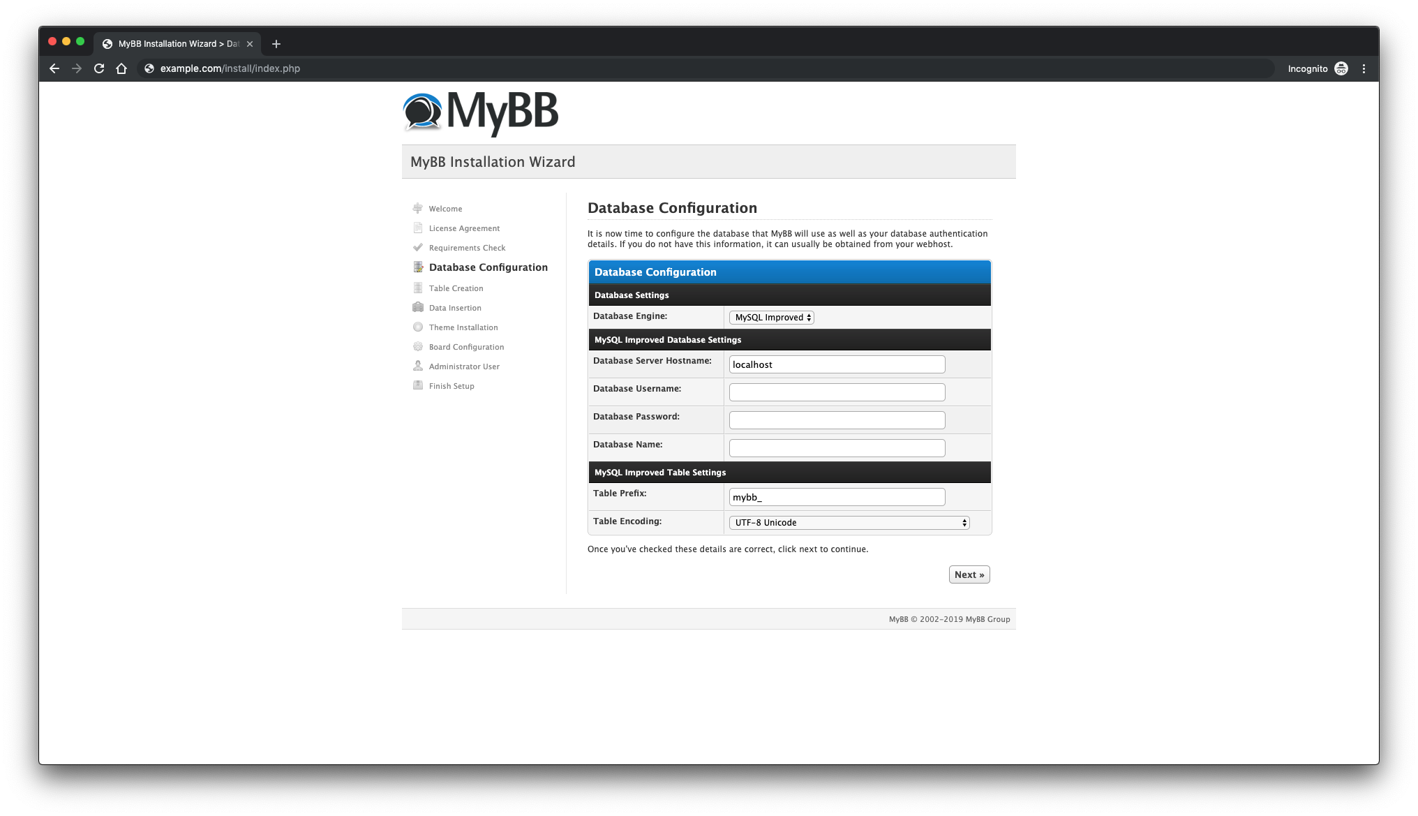 Database configuration