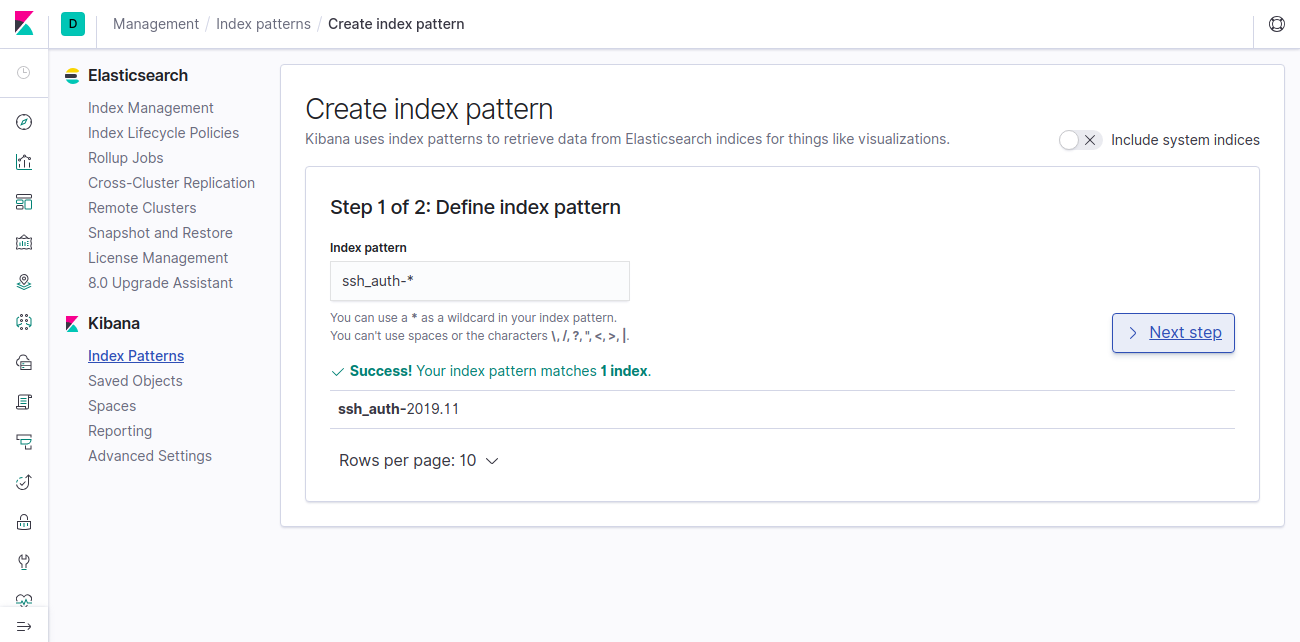 Create Index Pattern Page in Kibana