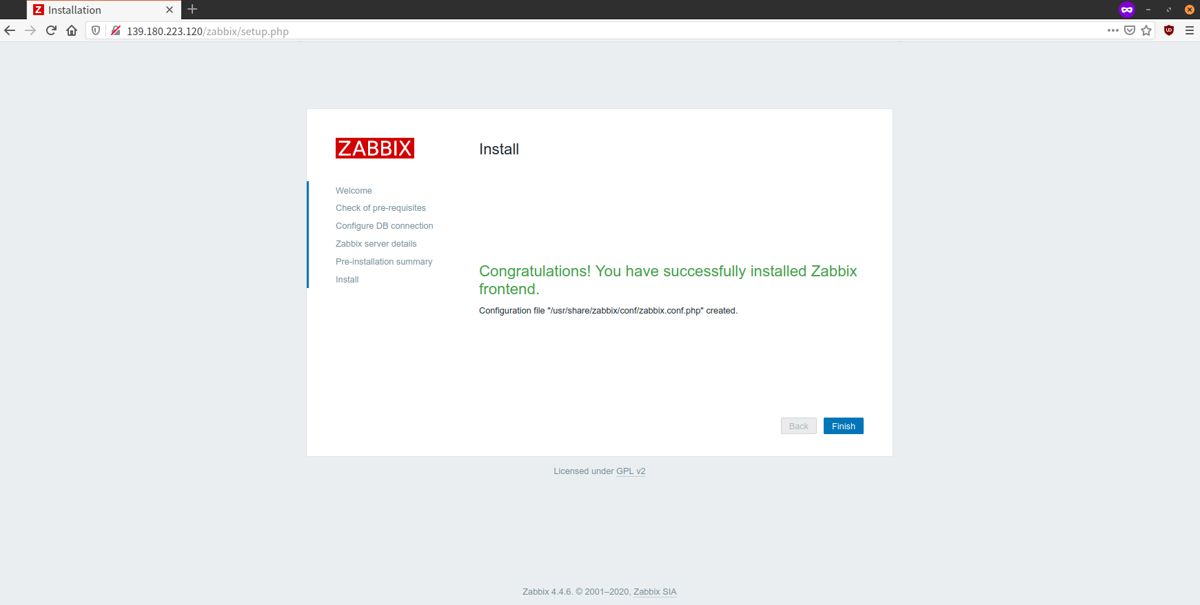 Zabbix installation successful