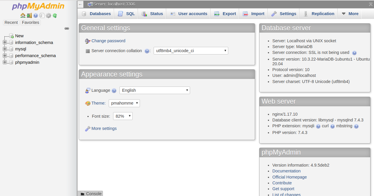 PHPMyAdmin Dashboard