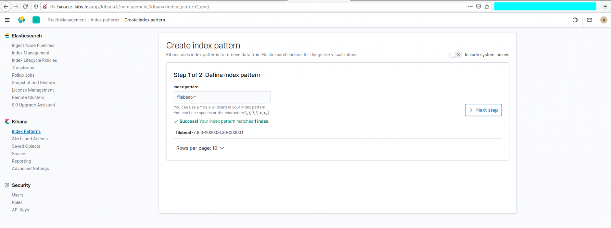 Create Filebeat Index Pattern