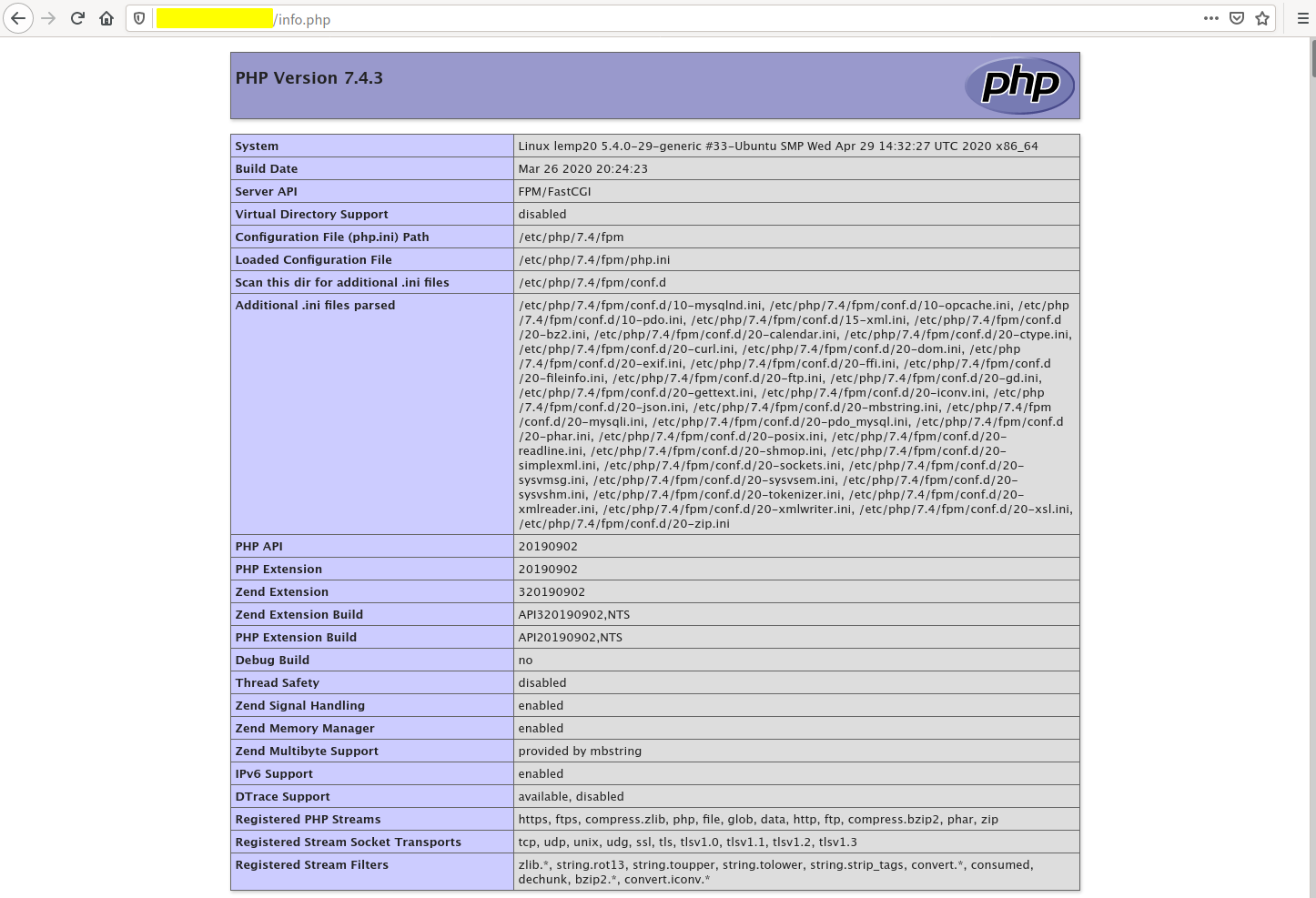 phpinfo with LEMP Stack