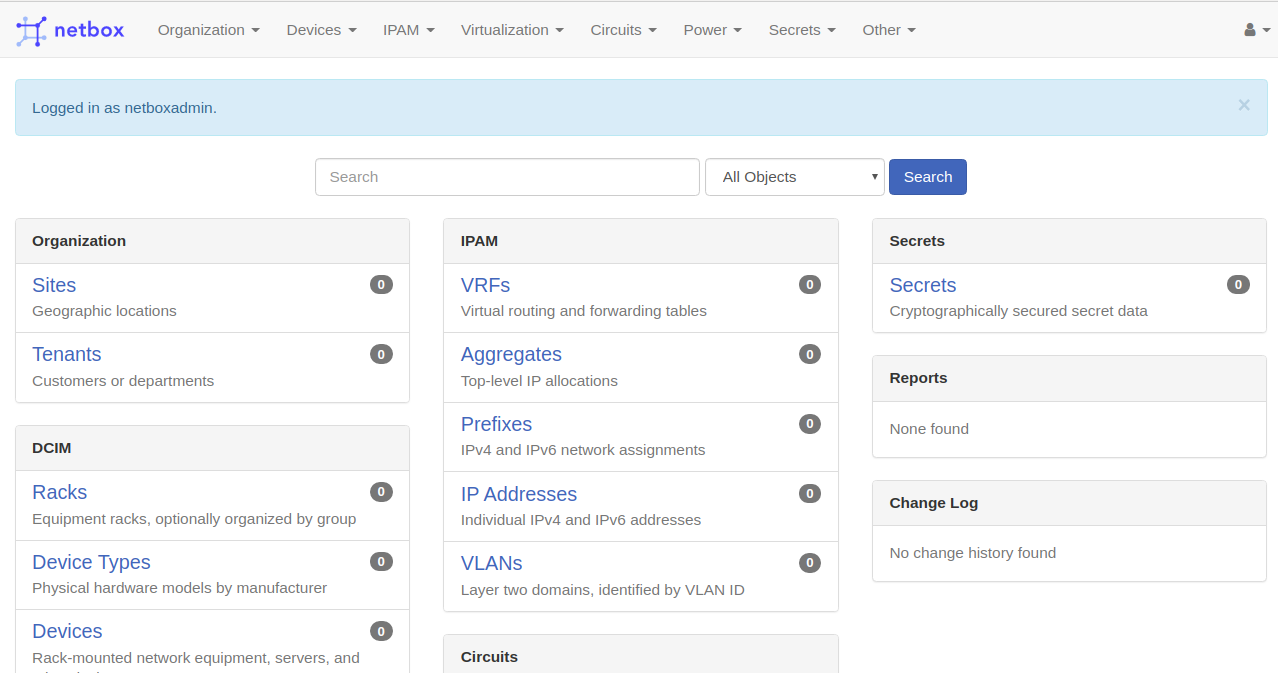 Netbox admin dashboard