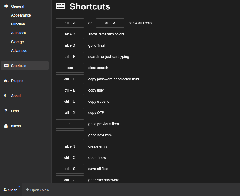 Keeweb shortcuts