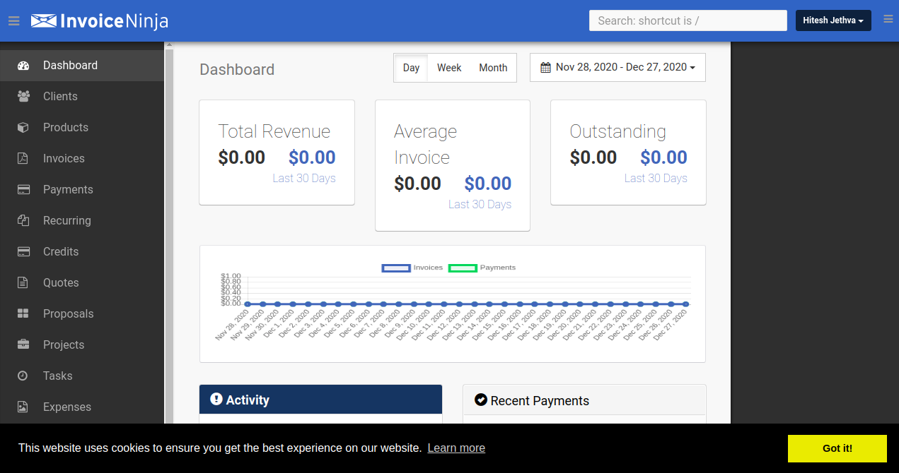 Invoice Ninja Dashboard