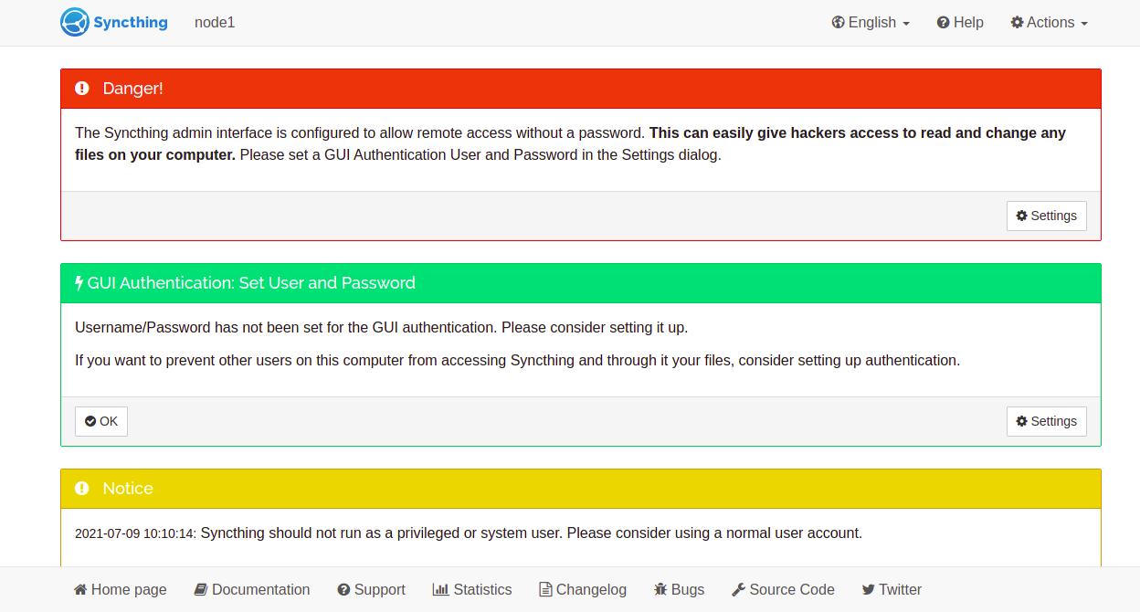 Syncthing admin interface