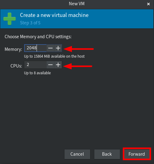 memory and CPU configuration for virtual machine