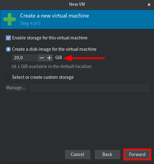 Choose size disk for virtual machine