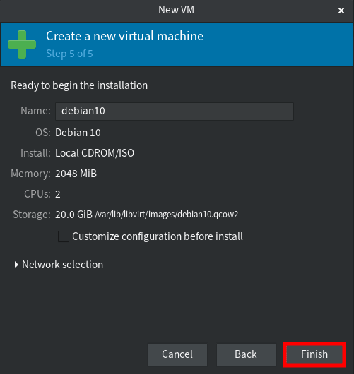 Confirm to create and install virtual machine