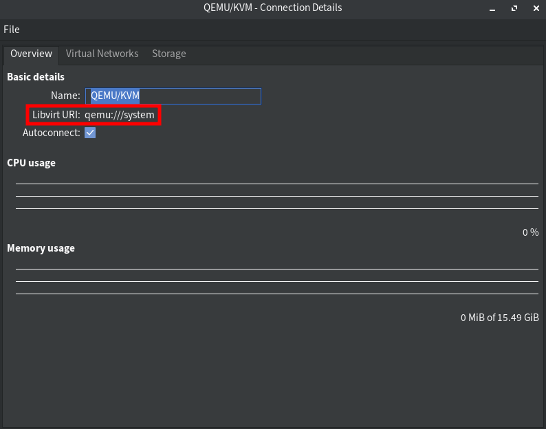 virt-manager will automatically connect to the QEMU/KVM within the system