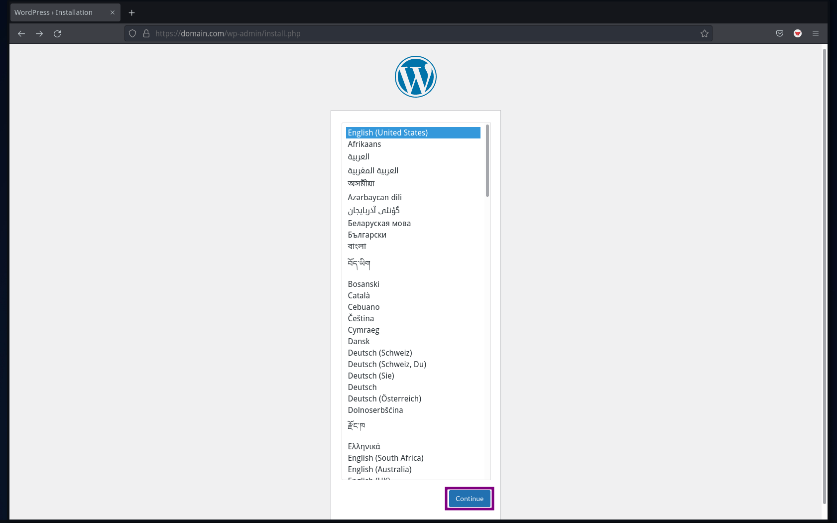 Choose language WordPress Installation