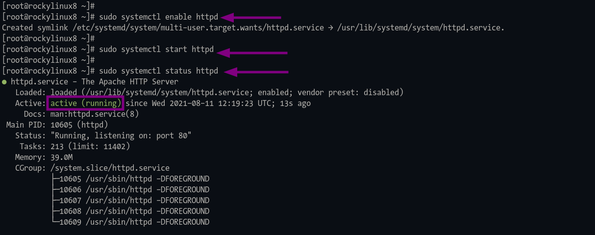 start enable and checking httpd webserver