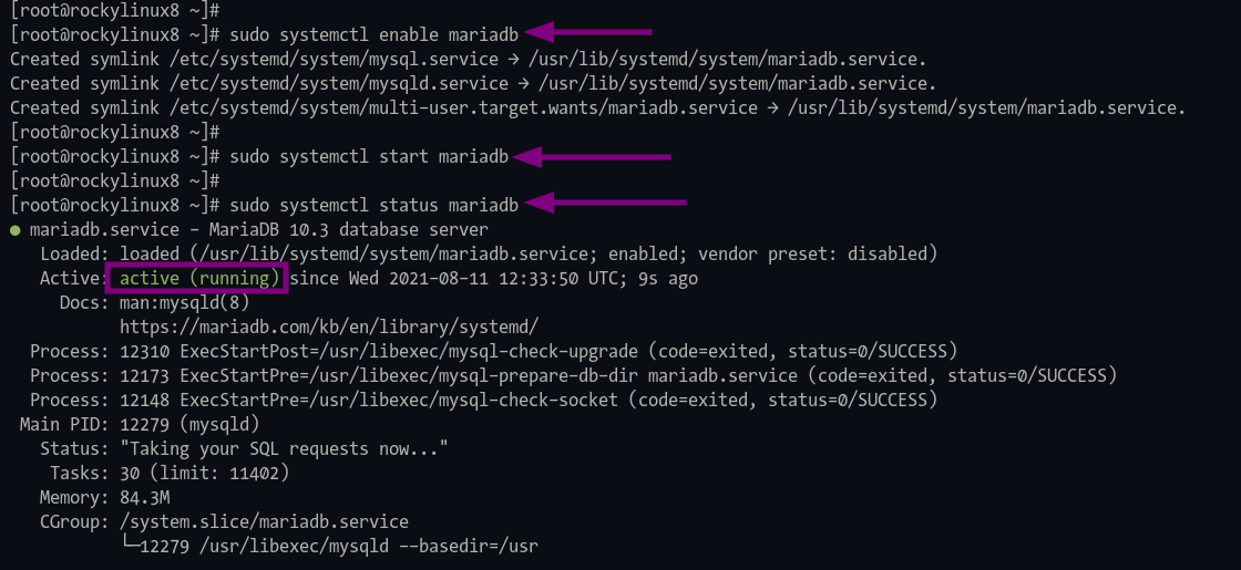 Start enable and check MariaDB service stats