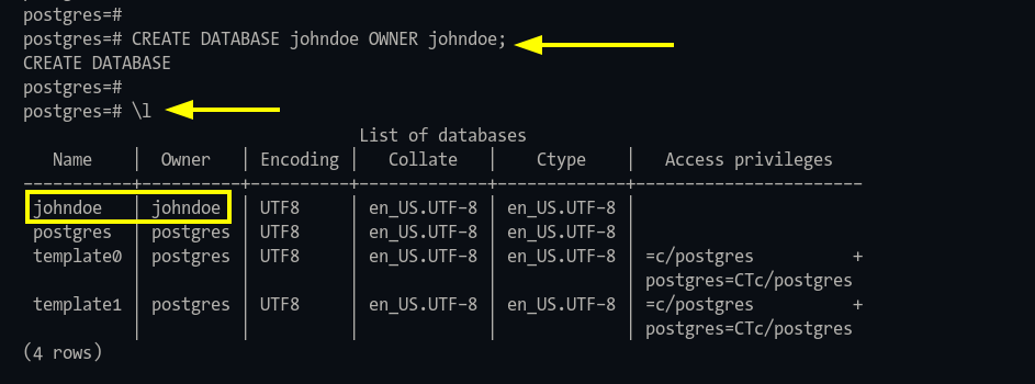 Create new database PostgreSQL and display available databases