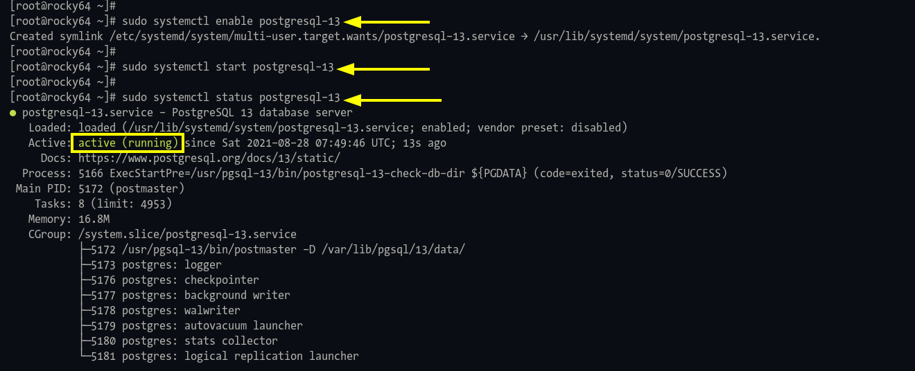 Start and enable and checking PostgreSQL service status