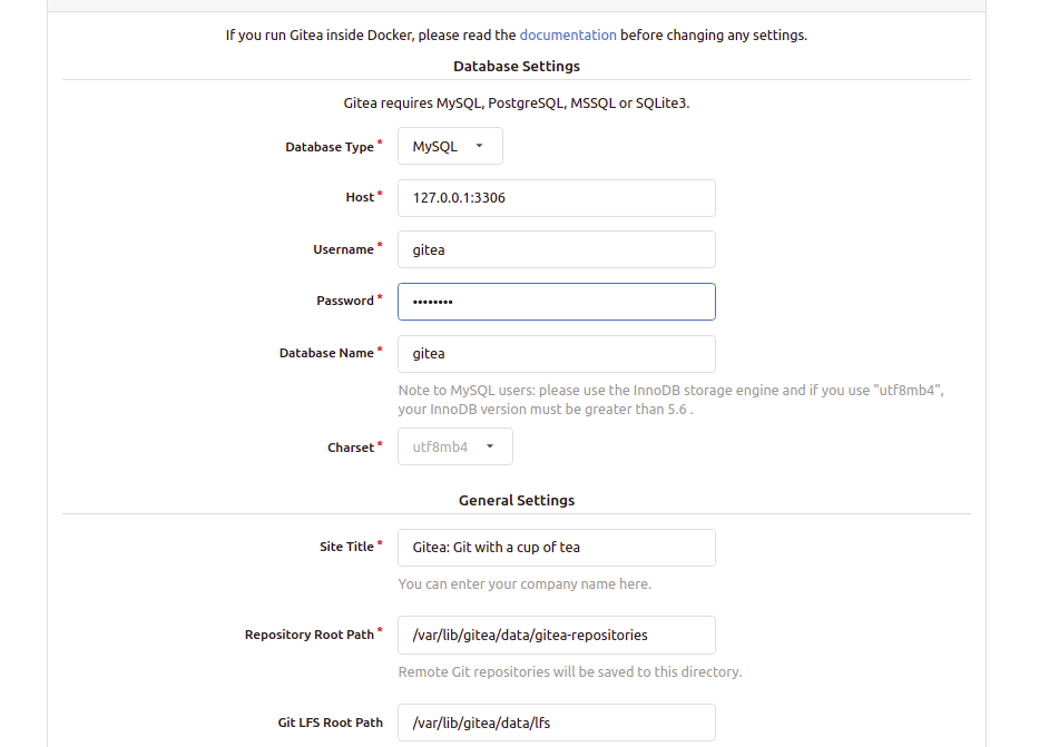 Gitea database details