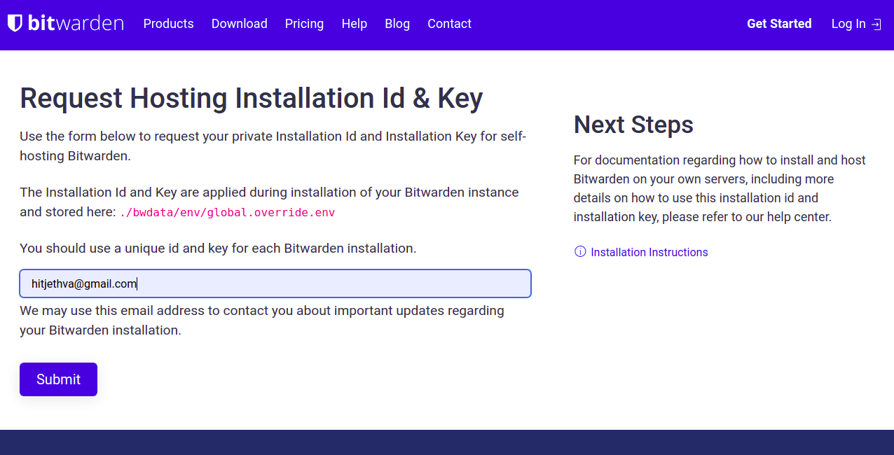 Hosting installation key