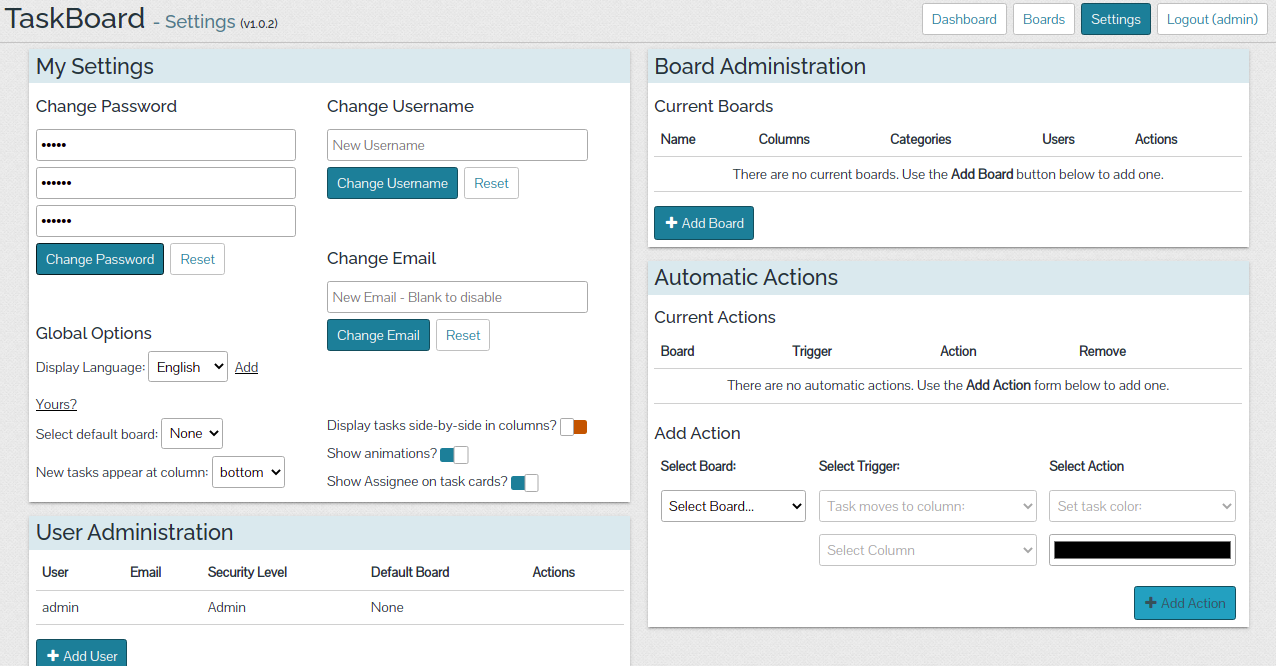 TaskBoard settings