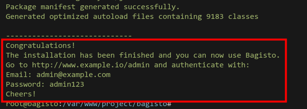 Bagisto installation success