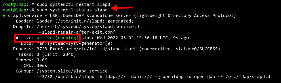 Restart and verify slapd service