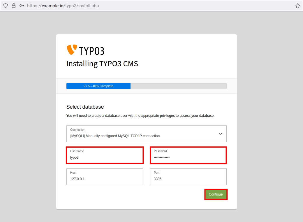 Setup Database user and password TYPO3 CMS