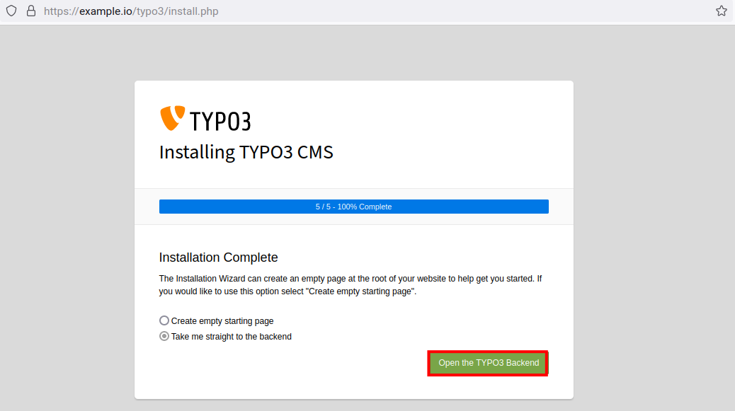 Installation completed TYPO3 CMS