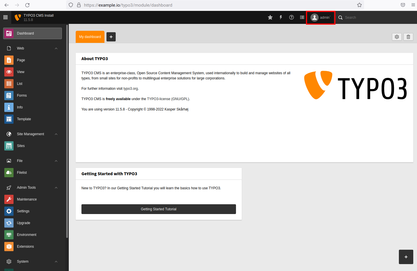 Typo3 CMS admin dashboard