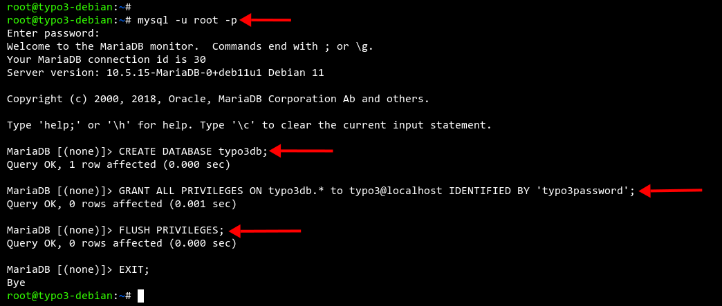 Create MariaDB database and user TYPO3