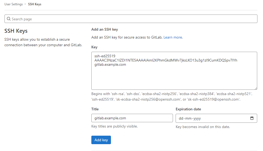 Gitlab SSH Keys Page