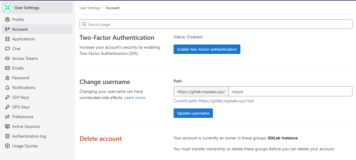 Gitlab Account Username change page