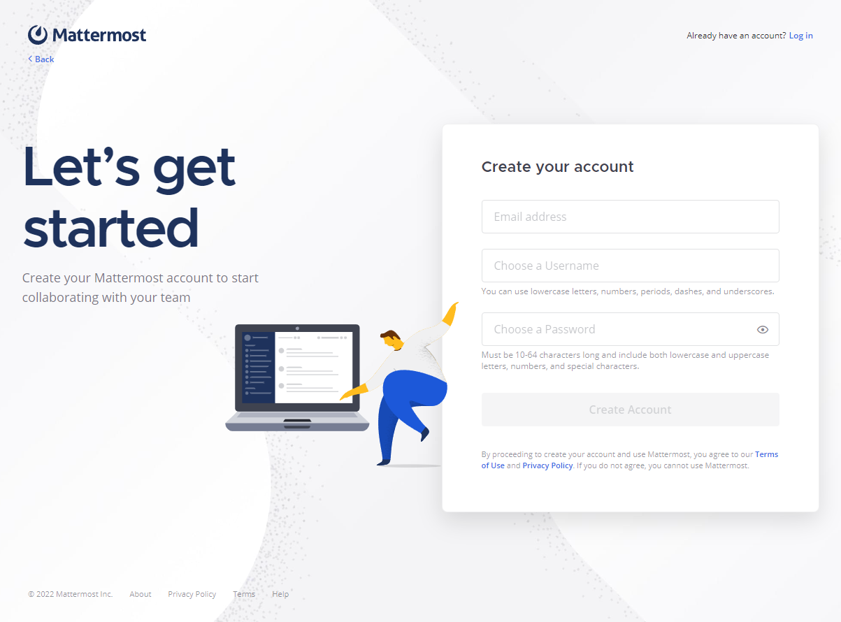 Mattermost Account creation page