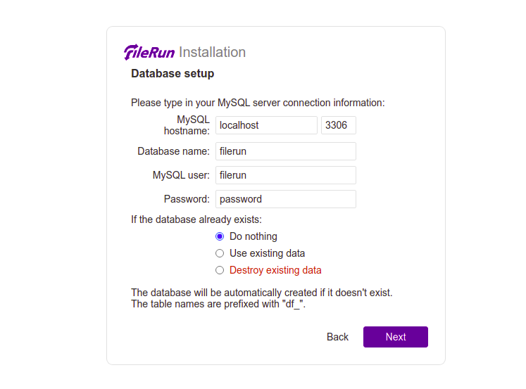 Database setup