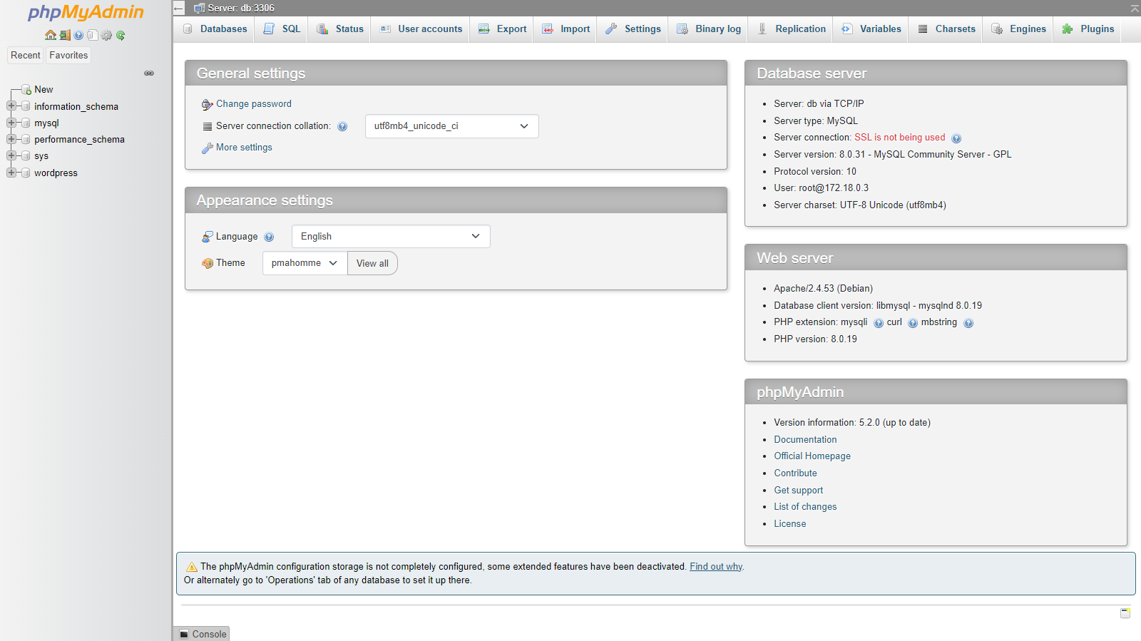 phpMyAdmin Dashboard