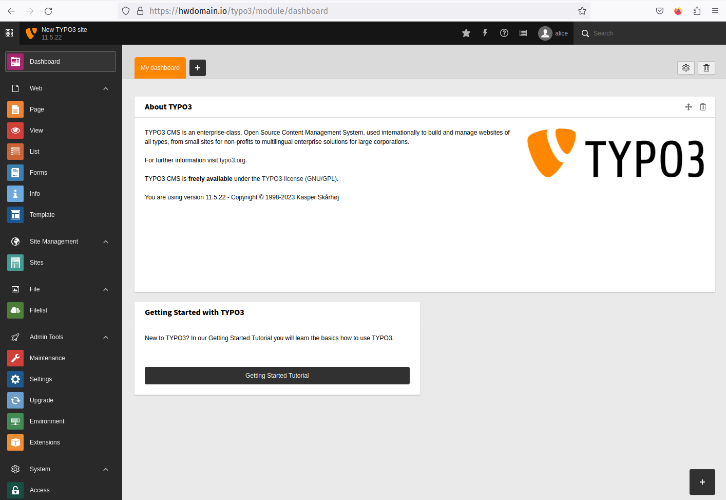 dashboard typo3 cms