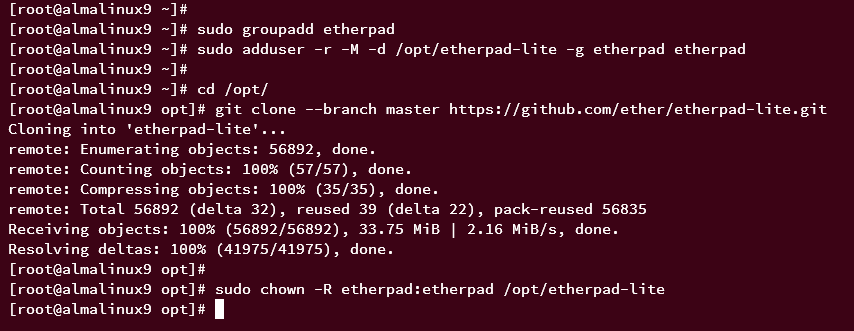 create user and download etherpad source code