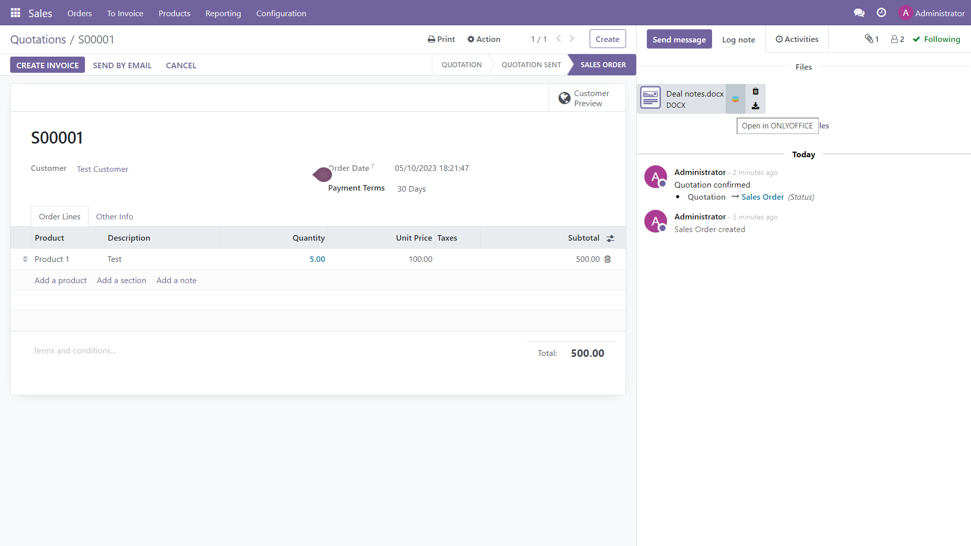 ONLYOFFICE Odoo Sales section