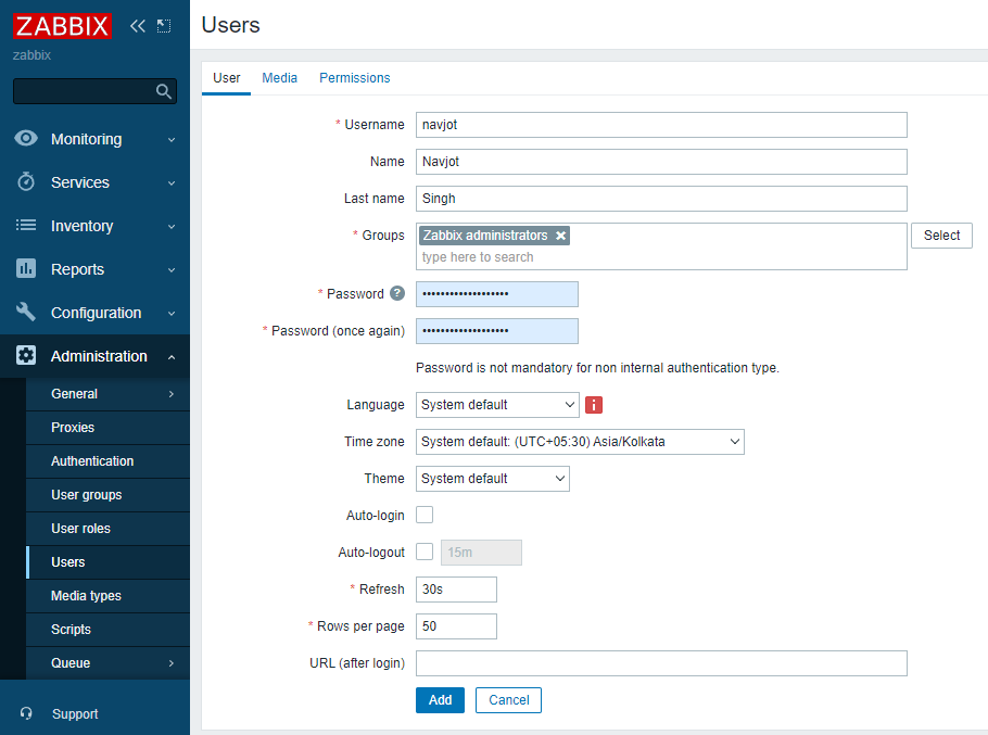 Zabbix New User page