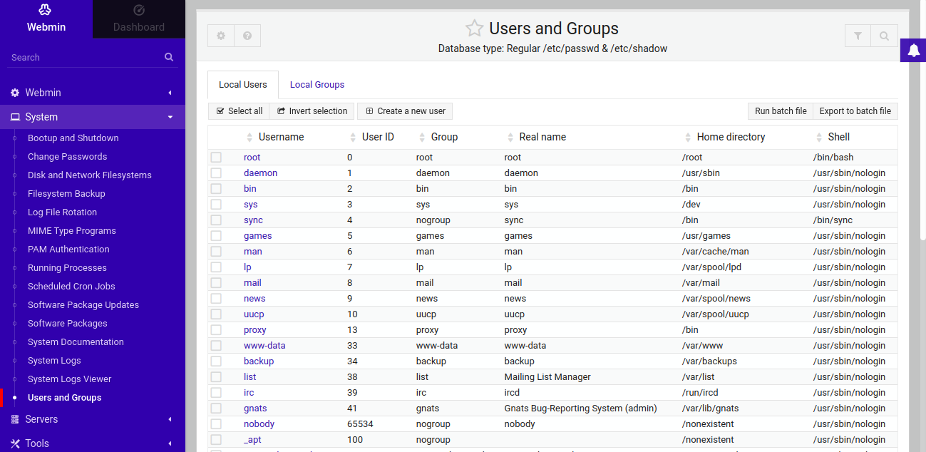 manage Linux users with Webmin